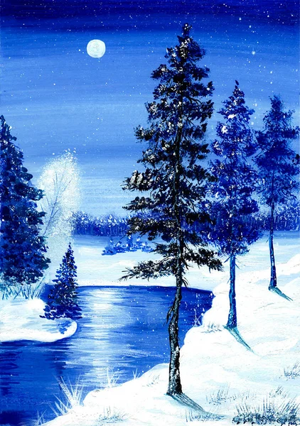Inverno Alberi Hoarfrost Fiume Cumuli Neve Contro Cielo Blu Illustrazione — Foto Stock