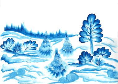 Ağaçlar Noel ağacı çalıları mavi kış ormanı karları kartpostallar için karlar, Noel 'i saran tekstil tasarımı. Suluboya çizimi