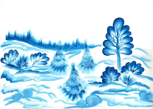 圣诞树灌木蓝色冬季森林霜雪明信片 纺织品图案包裹圣诞新年 水彩画 — 图库照片