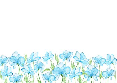Botanik suluboya tasarım pankartı. Açık mavi çiçekler ve soluk yeşil yapraklar. Kartpostallar için boşluk, düğün davetiyeleri. Çiçek sınırları. Metnin için yer.