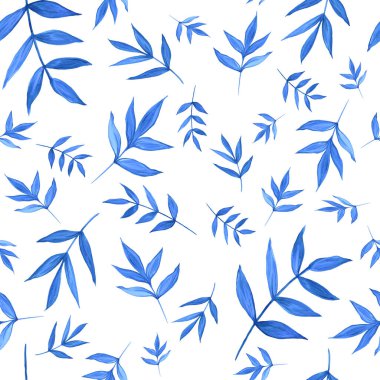 Kusursuz desenli mavi yapraklar, bitkiler, yapraklar, beyaz arka planda izole dallar. Suluboya.