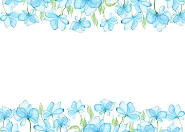 Botanik suluboya tasarım pankartı. Açık mavi çiçekler ve soluk yeşil yapraklar. Kartpostallar için boşluk, düğün davetiyeleri. Çiçek sınırları. Metnin için yer.
