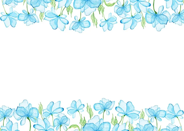 Ботанический Акварельный Баннер Светло Синие Цветы Бледно Зеленые Листья Пусто — стоковое фото