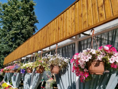 Yazlık kafe. Covid 19 salgını sırasında masaları temizliyordum. Sıcak bir yaz gününde şehir parkında açık bir teras..