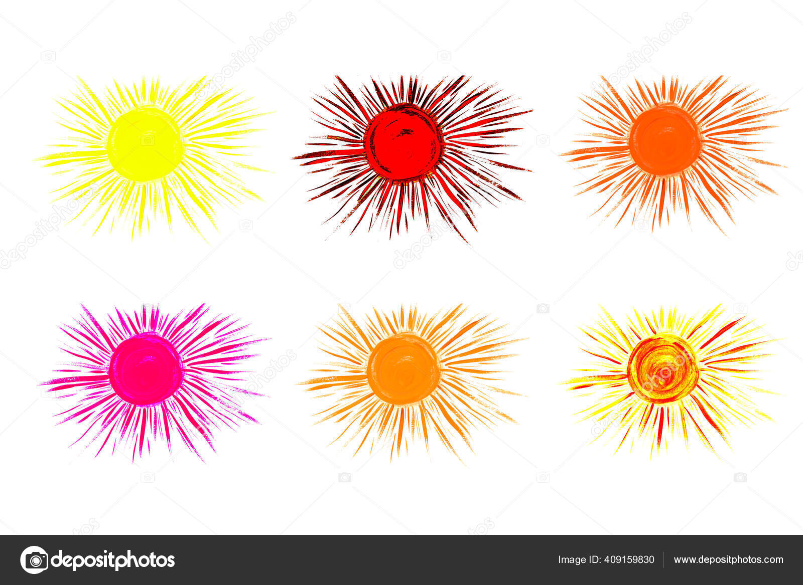 太阳图标收集。五彩斑斓的扁平图标，在白色上被隔离的特写轮廓。艺术风格的标志设计——图库图片© Elena_P77 #409159830, image size:1600x1167