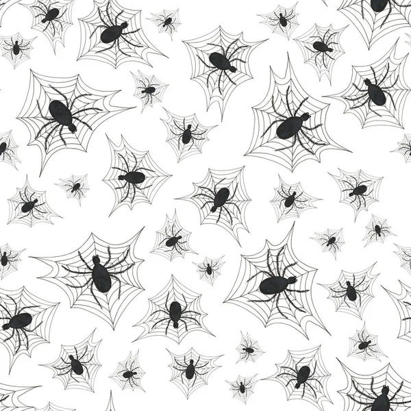 En svart spindel sitter på ett nät. Sömlöst mönster. Halloween-symboler. Isolerad på vit akvarell illustration. — Stockfoto