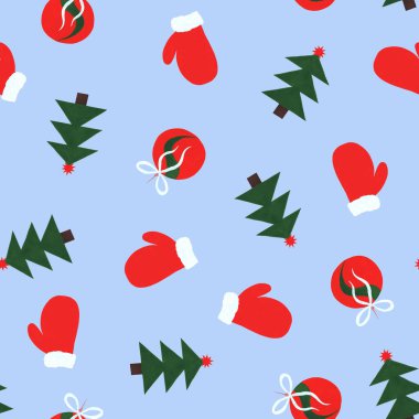 Mavi arka planda parlak kırmızı ve yeşil noel unsurları - yeni yıl ağacı, Noel balosu, eldiven. Suluboya kusursuz desen