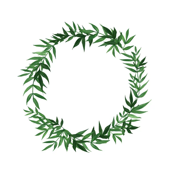 Yeşil dallardan ve yapraklardan oluşan narin botanik çelenkleri. Bahar havası. Çiçek tasarım elementleri. Suluboya çizimi. Düğün davetiyeleri, tebrik kartları, pullar, posterler, ambalajlar vs. için elverişli.