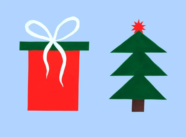 クリスマスとフラットアイコンの新年コレクション 新年の装飾のための要素のセット 贈り物とクリスマスツリー 緑と白の水彩画で明るい赤 — ストック写真