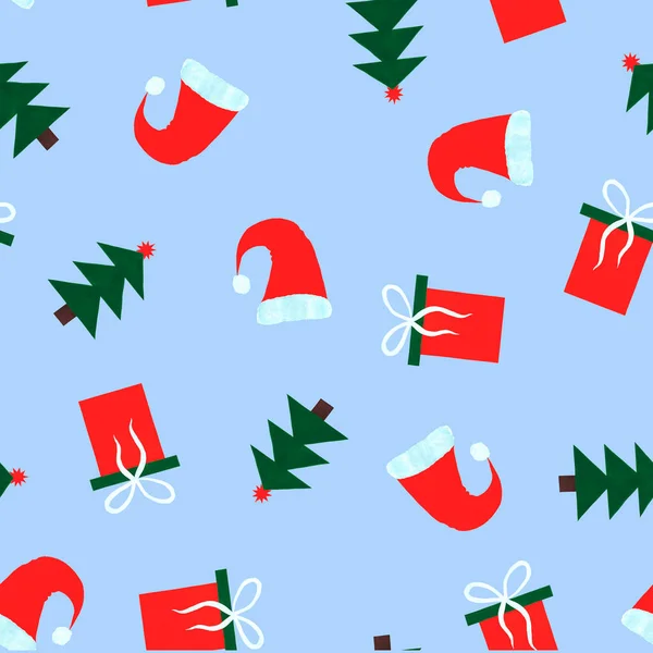 青の背景に緑のクリスマスの要素と贈り物と明るい赤 サンタの帽子 ギフトボックス クリスマスツリー 水彩シームレスパターン — ストック写真