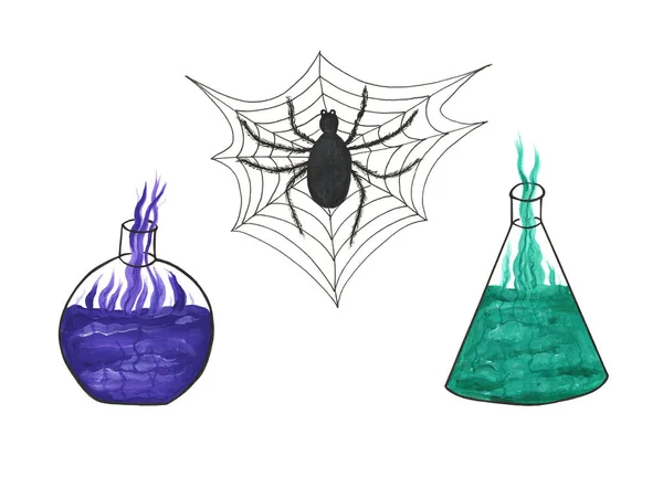 Halloween Set Fläschchen Mit Trank Violett Und Leuchtend Grün Spinnennetz — Stockfoto