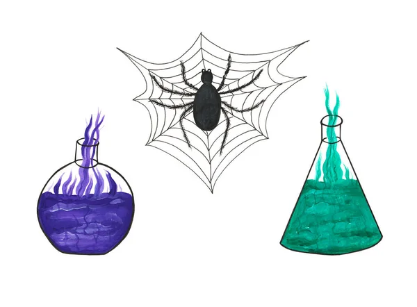 Halloween Set Fläschchen Mit Trank Violett Und Leuchtend Grün Spinnennetz — Stockfoto
