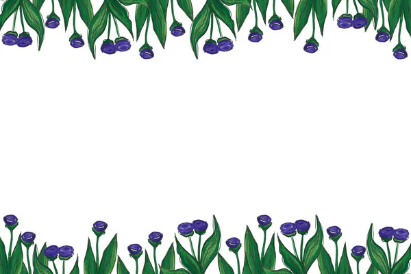 Watercolor Hand Painted Nature Banner Cute Purple Flowers Green Leaves — Stock Photo, Image