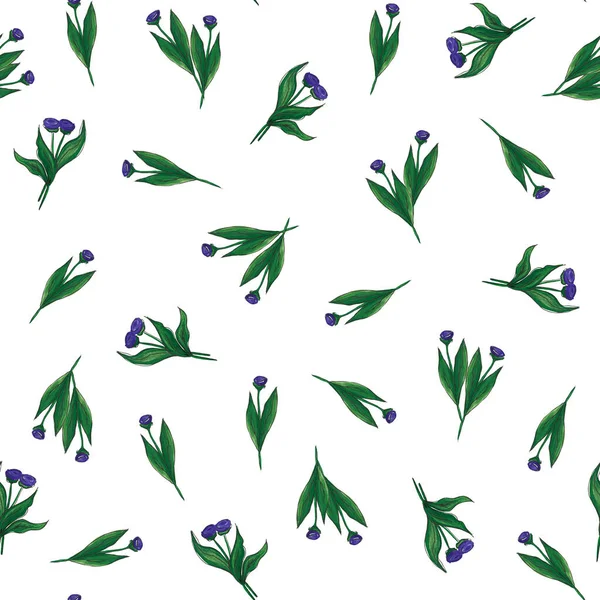 Seamless Delicate Botanical Pattern Violet Watercolor Flowers Green Leaves Handmade — Stock Photo, Image
