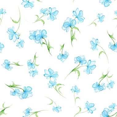 Mavi suluboya çiçekleri ve yeşil yaprakları olan kusursuz narin botanik deseni. Kartpostallar için el yapımı illüstrasyon, duvar kağıdı, kırtasiye, kumaş.