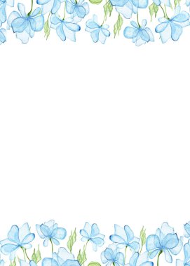 Botanik suluboya tasarım pankartı. Açık mavi çiçekler ve soluk yeşil yapraklar. Kartpostallar için boşluk, düğün davetiyeleri. Çiçek sınırları. Metnin için yer.