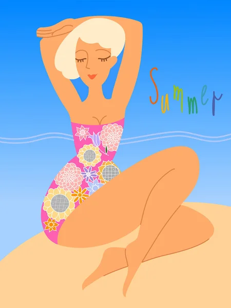 Mujer toma el sol en la playa — Vector de stock