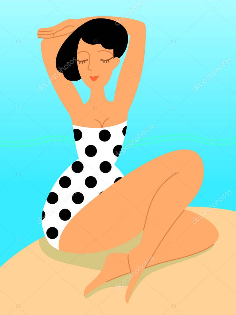 Woman sunbathes on the beach. Vector illustration