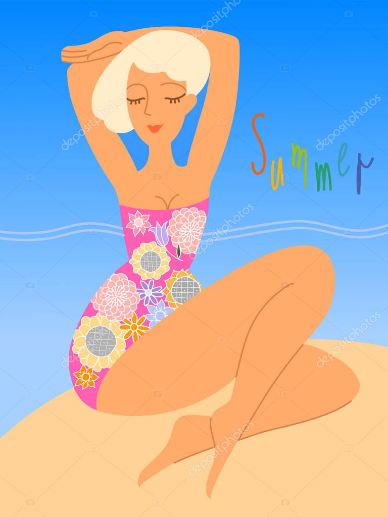 Woman sunbathes on the beach. Vector illustration