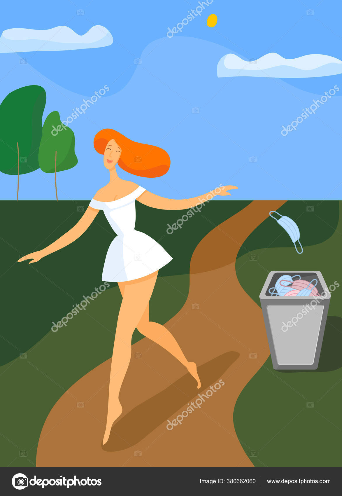 Girl walking and throws out medical mask. Stock Vector Image by