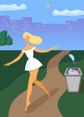 Girl walking and throws out medical mask. vector Girl walking and throws out medical mask. vector