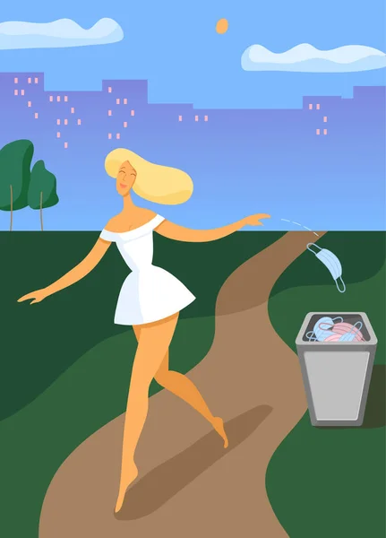 Girl walking and throws out medical mask. Vector Graphics