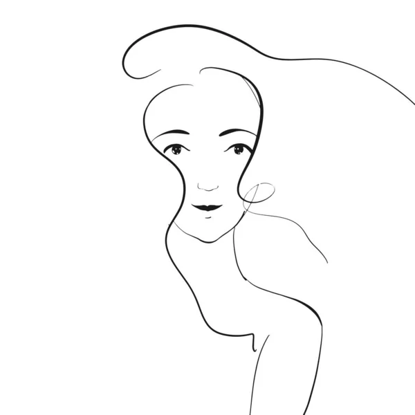 Potret linear wanita muda dengan rambut keriting - Stok Vektor