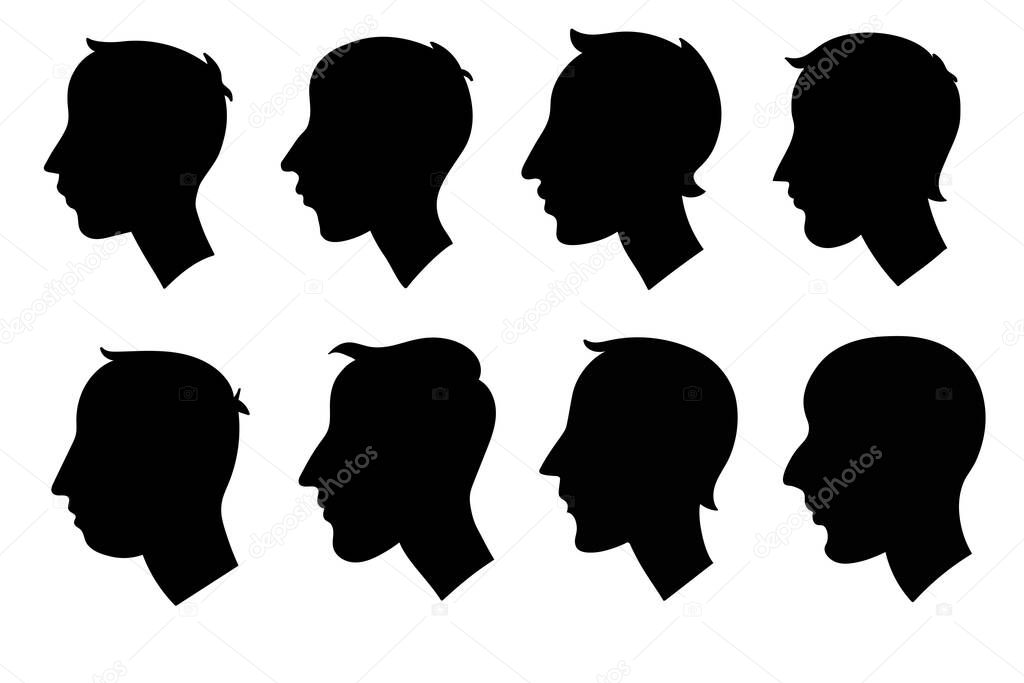 Set of profile portraits. Men with different hairstyles. Vector graphic.