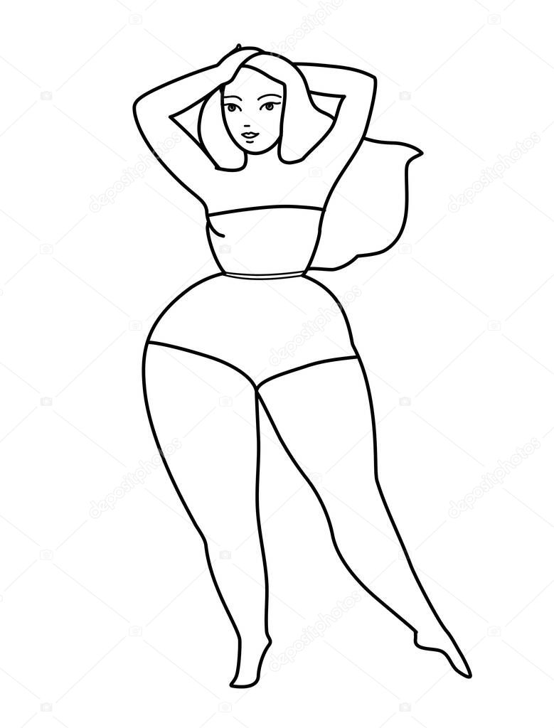 Hand drawn illustration, plus size model. Black and white. Vector illustration.