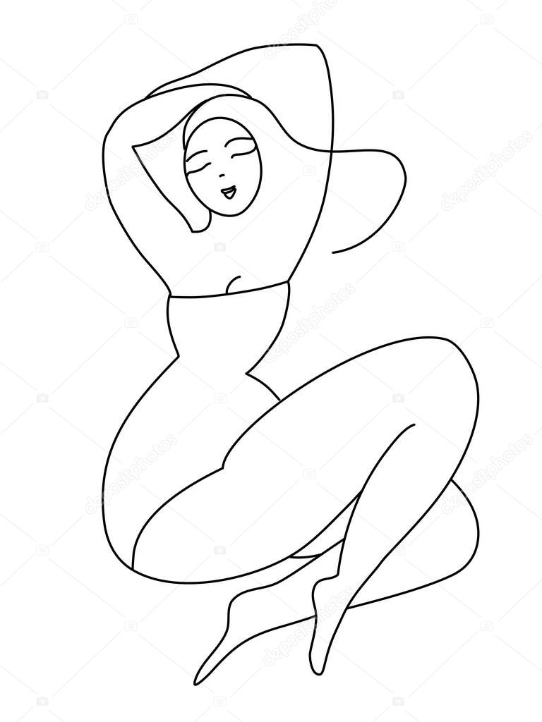 Hand drawn illustration, plus size model. Black and white. Vector illustration.