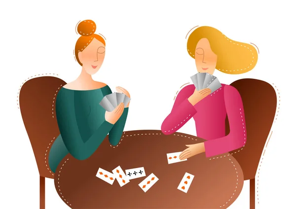 Deux filles jouent aux cartes. Illustration colorée — Image vectorielle