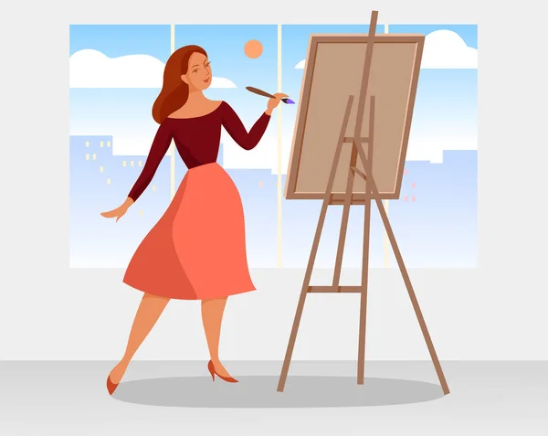 Young woman paints, oil canvas. — Stock Vector