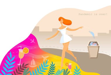 Girl walking and throws out medical mask. vector Girl walking and throws out medical mask. vector