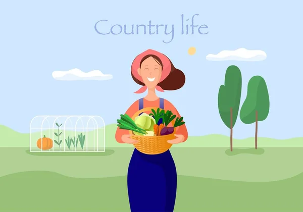 Ukázka venkovského života. Žena se zeleninou. — Stockový vektor