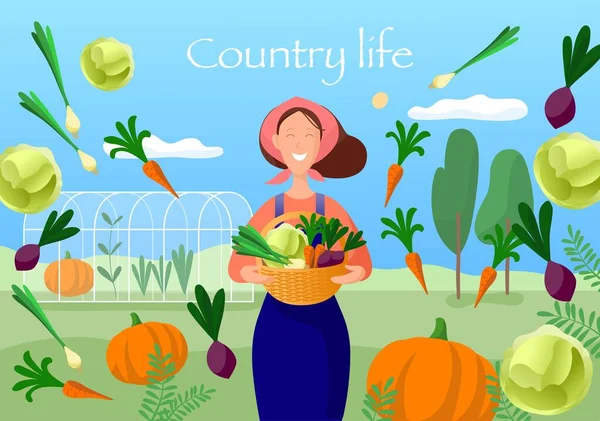 Ilustração da vida no campo. Mulher com legumes . —  Vetores de Stock
