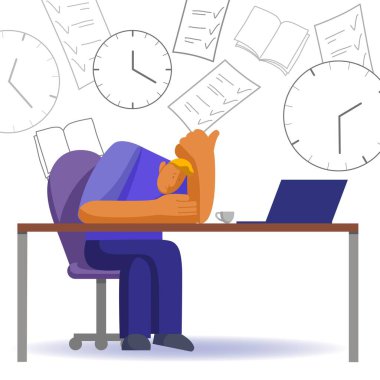 Ofis işi, dizüstü bilgisayarı ve yapılacaklar listesi olan sıkılmış bir adam.