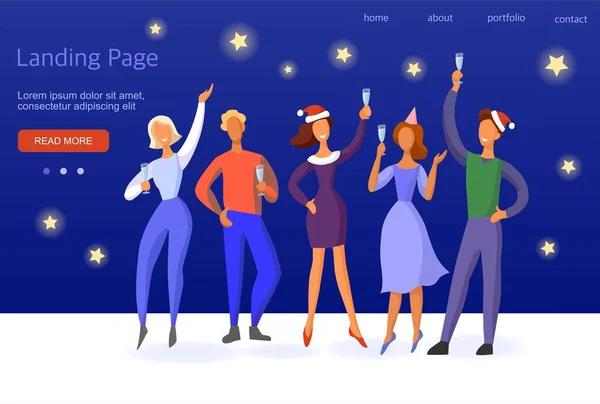 Template for a landing page. Corporate in office. Friends celebrate Christmas and New Year. — Stock Vector
