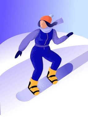 Snowboard 'cu kadın. Renkli illüstrasyon, tahtadaki kız. Şık bir kıyafet. Kış sporu.