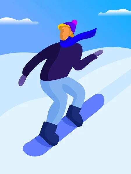 Snowboardåkare. Färgstark illustration, pojke på en bräda. Eleganta kläder. Vintersport. — Stock vektor