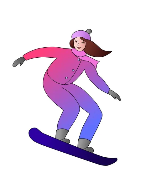 Snowboarder vrouw. Kleurrijke illustratie, meisje op een plank. Elegante outfit. Wintersport. — Stockvector