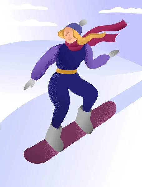Γυναίκα του snowboarder. Πολύχρωμη απεικόνιση, κορίτσι στον πίνακα. Κομψό ντύσιμο. Χειμερινό άθλημα. — Διανυσματικό Αρχείο