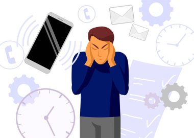 Telefonlu bir adam. Akıllı telefonlu modern bir hayat. Dikkatini işine ver. Sinir bozucu bildirimler