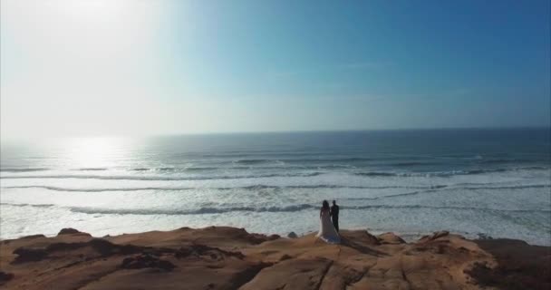 空中无人观景新婚夫妇站在悬崖边俯瞰大海 — 图库视频影像