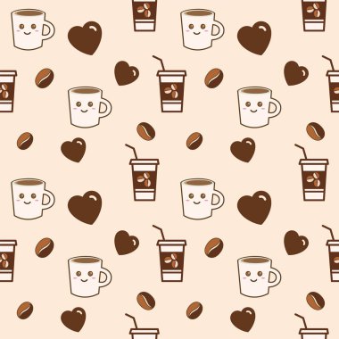 Kahve fincanlarının, kahve çekirdeklerinin ve krema arkaplanda küçük kalplerin vektörsüz deseni. Tişört baskısı, moda tasarımı, çocukların giydiği, tebrik kartı ve davetiye..