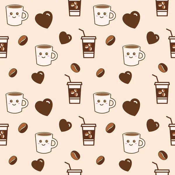 Kahve fincanlarının, kahve çekirdeklerinin ve krema arkaplanda küçük kalplerin vektörsüz deseni. Tişört baskısı, moda tasarımı, çocukların giydiği, tebrik kartı ve davetiye..