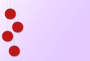 Mor arka planda izole edilmiş noel topları asılı. Vektör İllüstrasyonu.