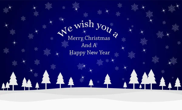 Kış manzaralı, kar taneli, yıldızlı, gece gökyüzlü mutlu noeller ve yeni yıl tatili. Vektör İllüstrasyonu.