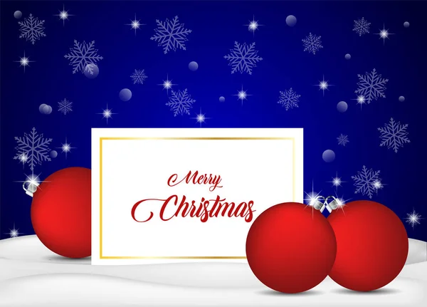 Karlı arka planda izole edilmiş kırmızı Noel topları ve düşen kar taneleri ve gökyüzünde yıldızlar olan bir Noel kartı. Vektör İllüstrasyonu.