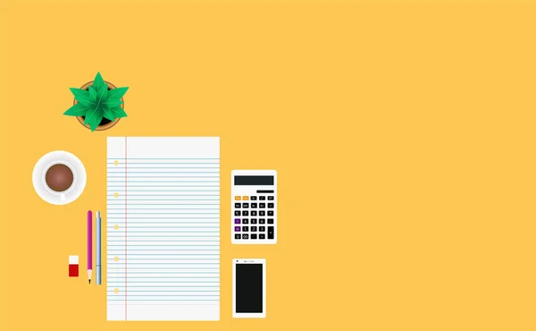 Bir kağıt, kalem, silgi, vergi hesap makinesi, cep telefonu, çay fincanı ve demlikteki bir bitki ile sarı bir arka planda izole edilmiş iş projesi sanatı - Vektör İllüstrasyonu