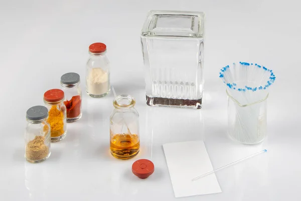 Thin Layer Chromatography Equipments Include Jar Silica Gel Capillary Compounds — Stock Photo, Image